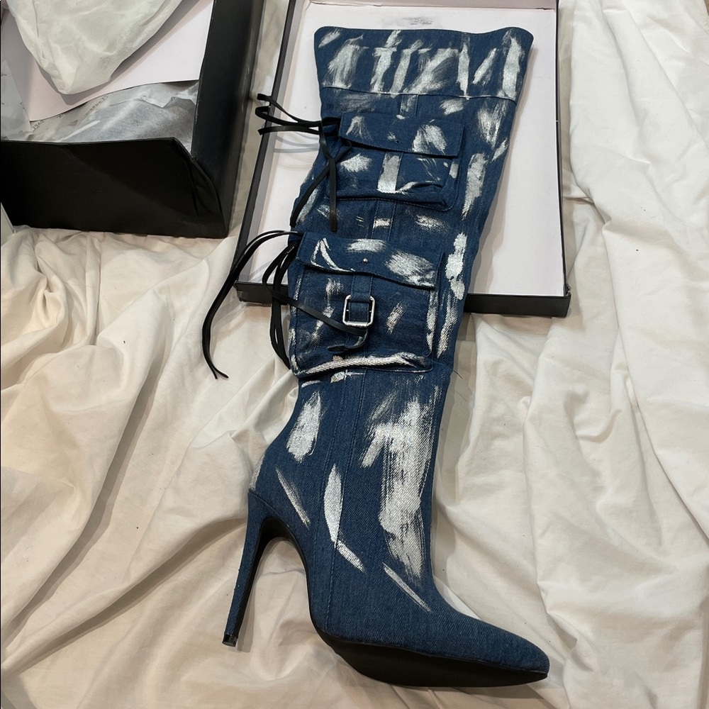 •CAPE ROBBIN• “Detroit” Thigh-High Denim Metallic Cargo Boots - Silver // NIB - Picture 6 of 16